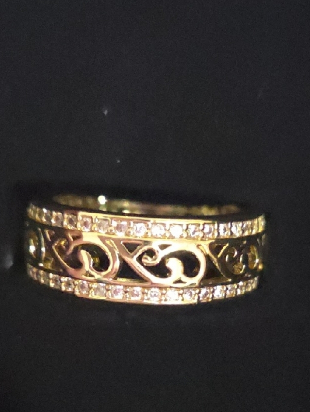 Gold Filigree Scroll Ring with Pavé Crystals - Women's Gold Band